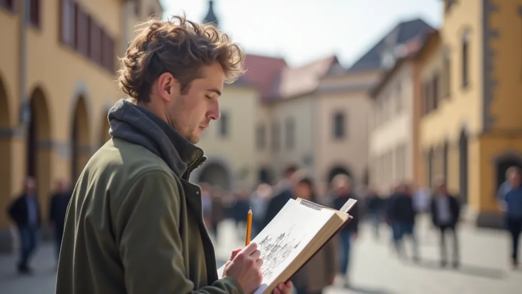 Artist sketching architectural details in Vilnius Old Town during urban sketching session