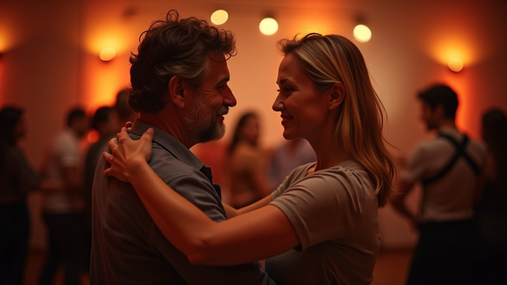 Couple dancing bachata together in a social dance setting with warm lighting and other dancers in background