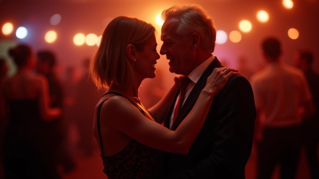 Couple dancing bachata in a close embrace on a dance floor with soft lighting and other dancers in the background