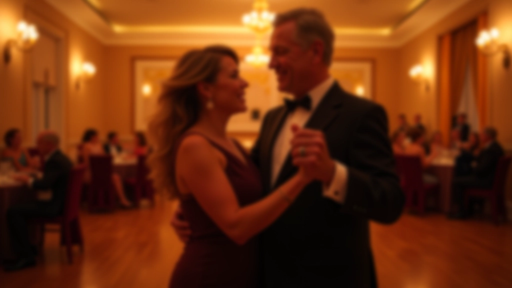 Couple dancing bachata in elegant ballroom setting with warm golden lighting and wooden floor