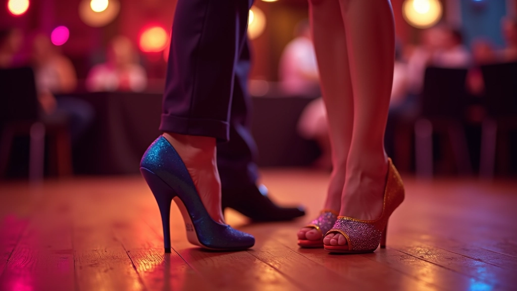 Close-up of professional dance shoes on wooden dance floor with warm lighting and blurred background