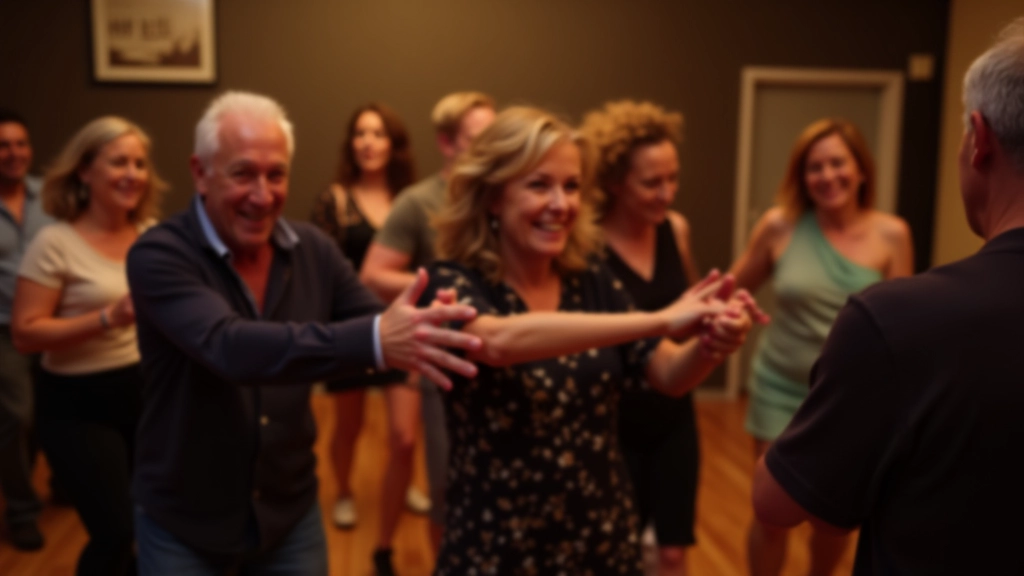 Community of mature adults dancing together in a welcoming dance studio, smiling and moving in synchrony, warm studio lighting
