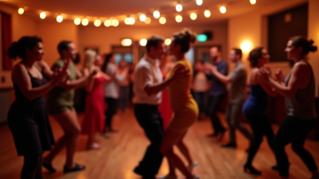 Group of people of various ages dancing together in a warm, welcoming social dance setting with soft overhead lighting