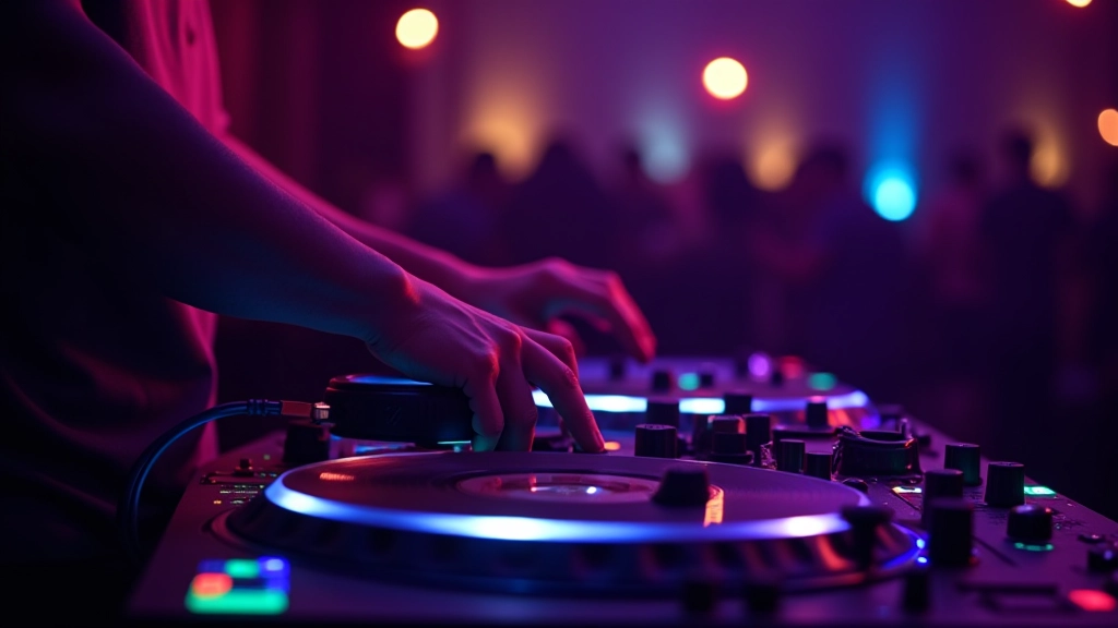 DJ booth with turntables and mixer equipment with colorful LED lights during a Latin dance event