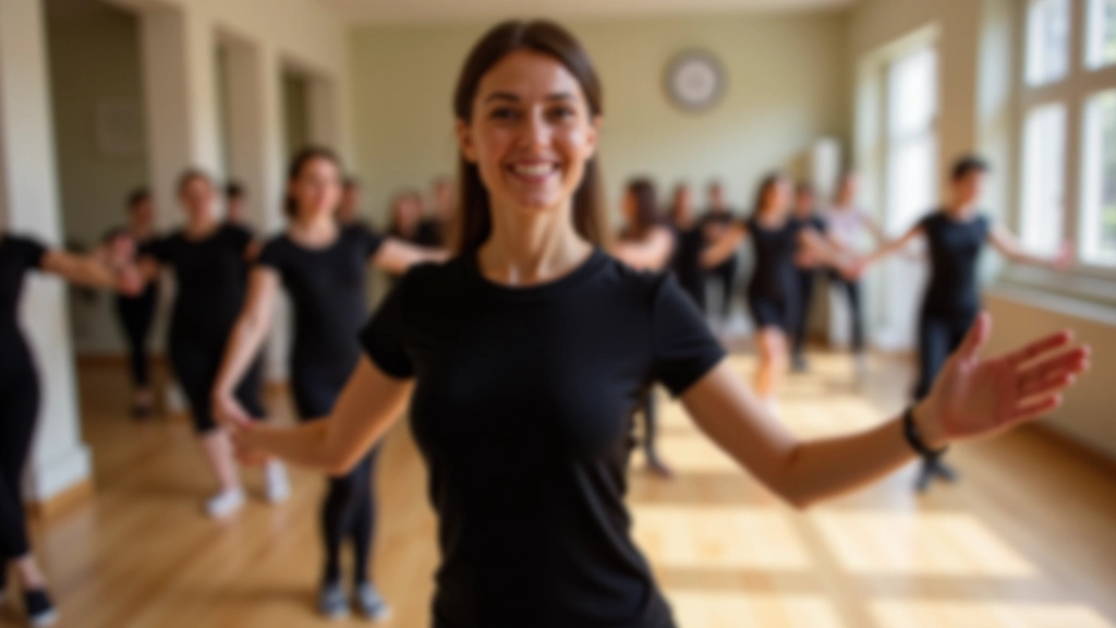 Salsa instructor leading a beginner class, teaching footwork patterns to students lined up in rows
