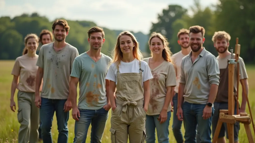 Group of artists painting together outdoors during plein air session in Lithuanian countryside
