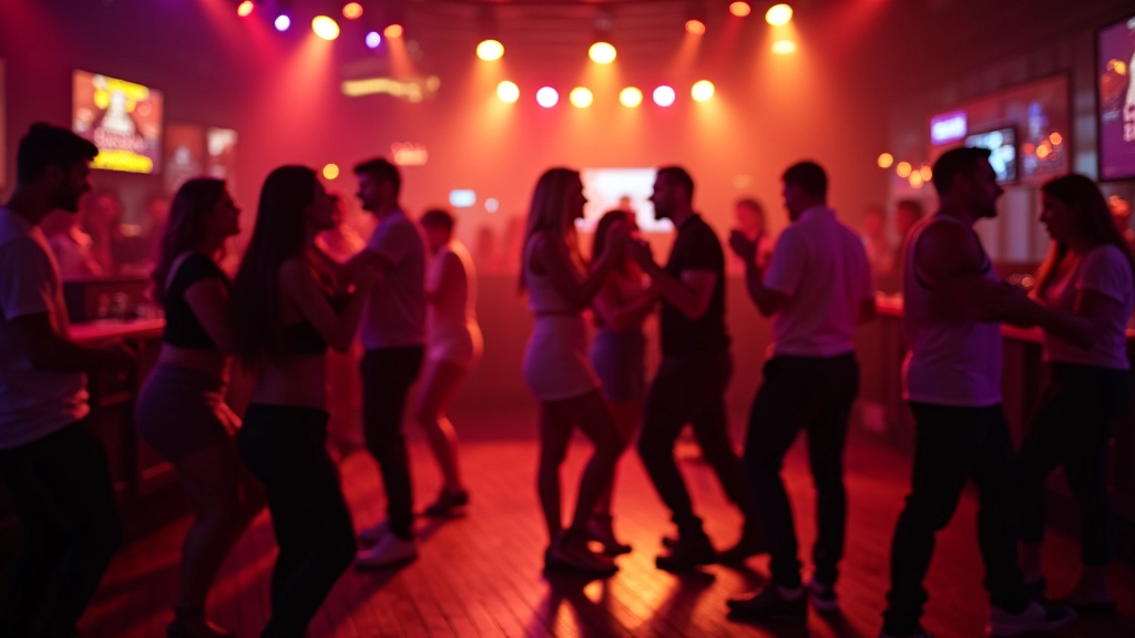 Interior of a lively nightclub venue with stage lighting, dance floor, and people dancing together