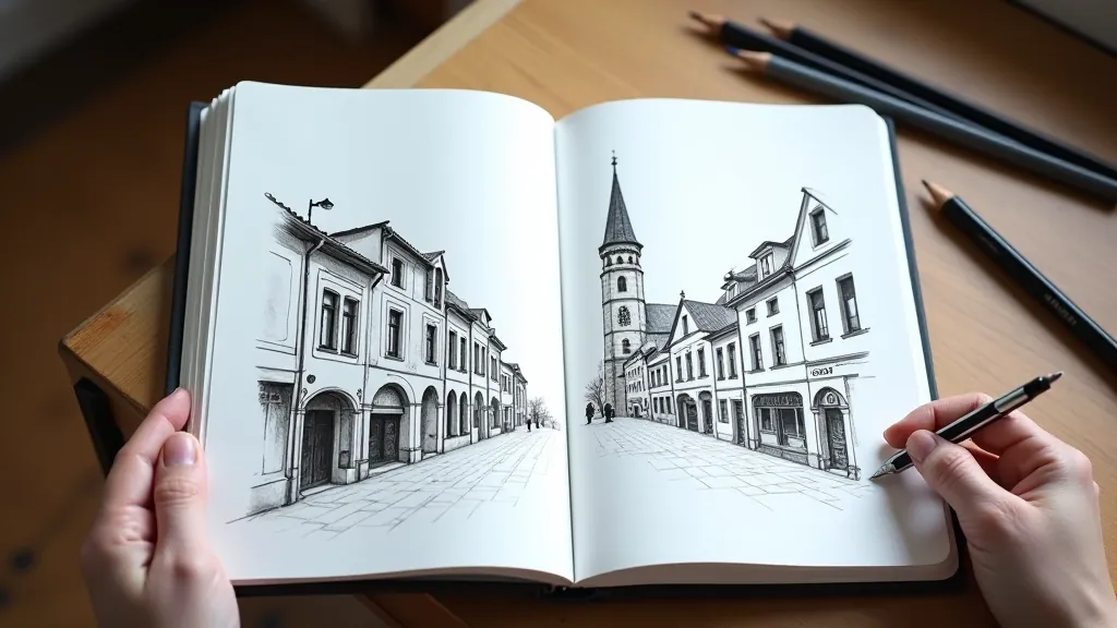 Open sketchbook displaying urban sketching techniques and architectural details from Vilnius