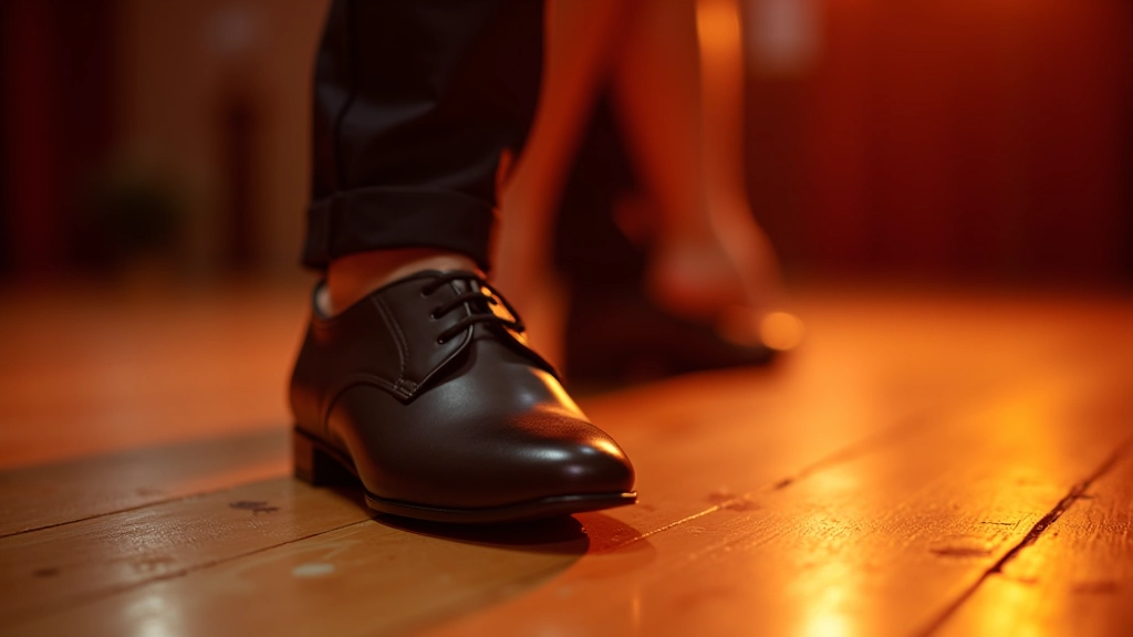 Close-up of smooth dance shoes on a wooden dance floor with stage lighting in background