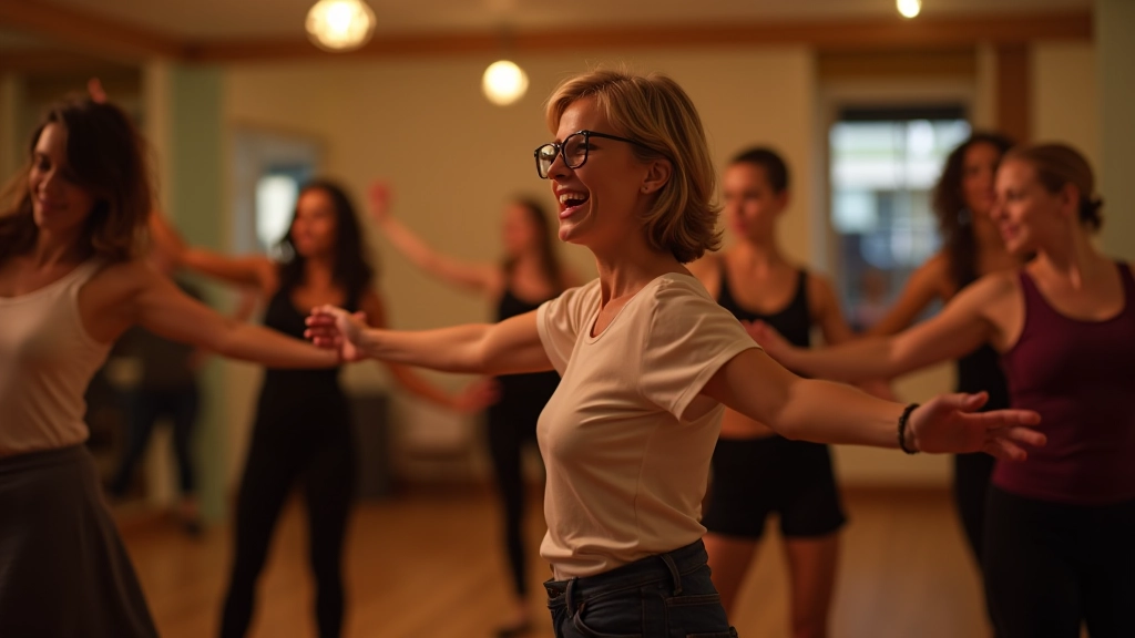 Group of adults in a salsa dance class in Dublin, instructor demonstrating basic steps with students following along