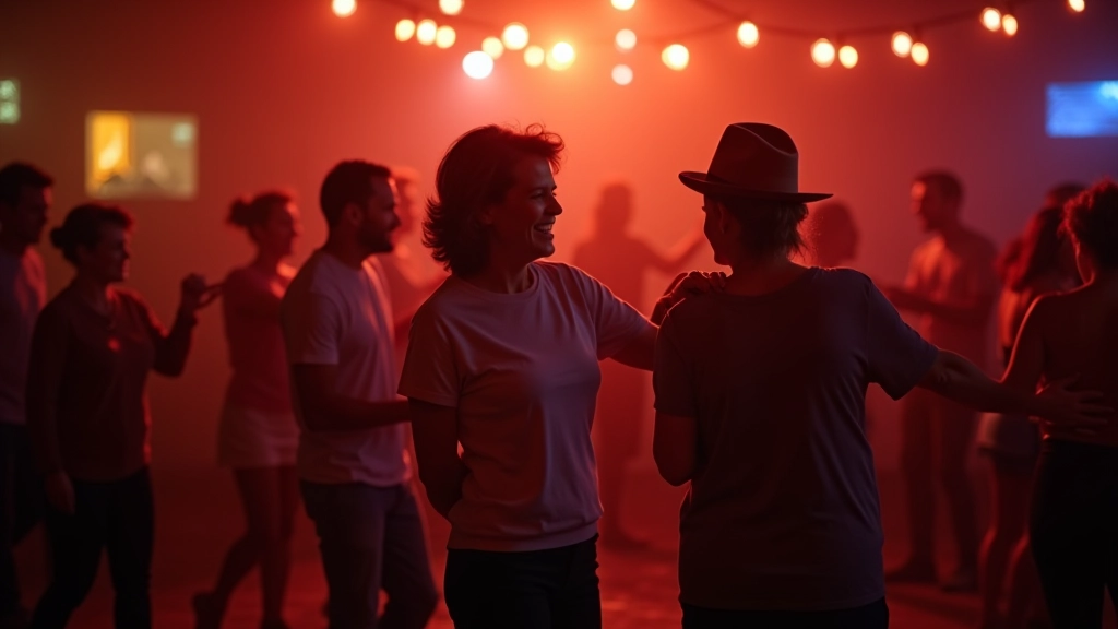 Adults enjoying social dance event with live music and colorful decorations in warm community setting