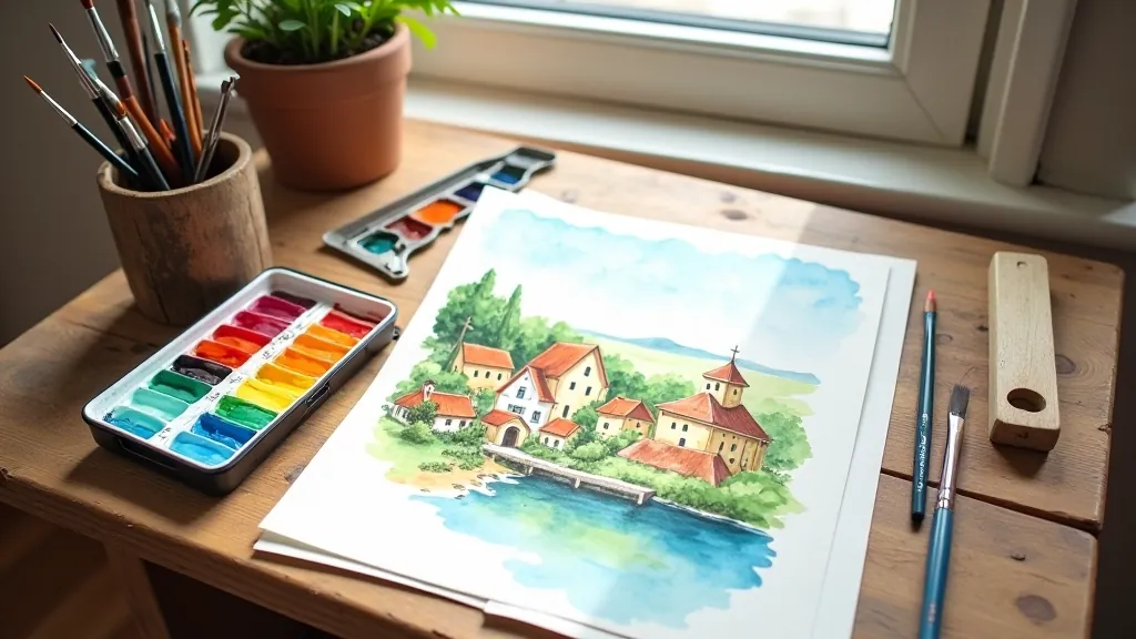 Watercolor palette with brushes and finished landscape painting on white paper